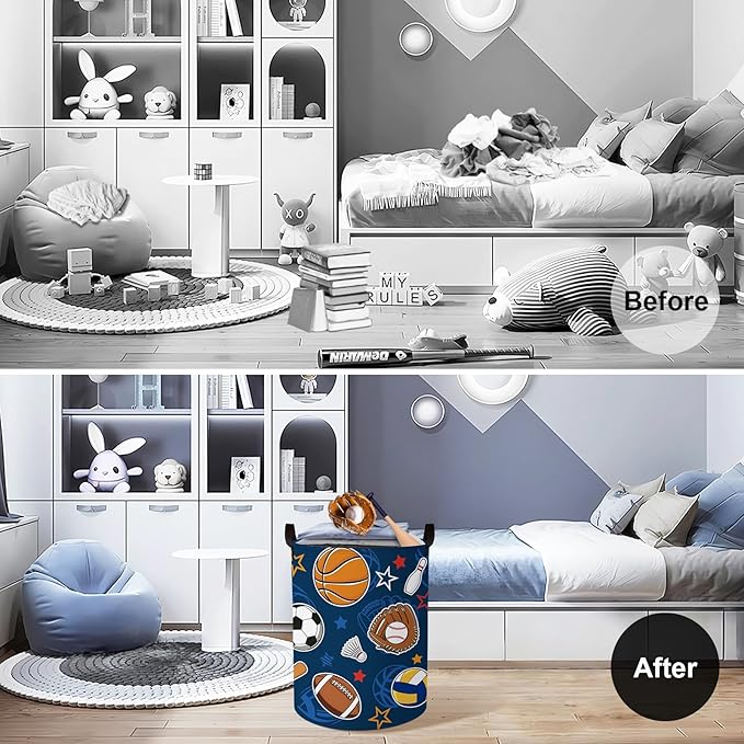 Clastyle Cartoon Sport Ball Laundry Basket Kids Clothes Book Storage Basket Gift Toy Box for Bedroom Decor,Football,36x45 cm