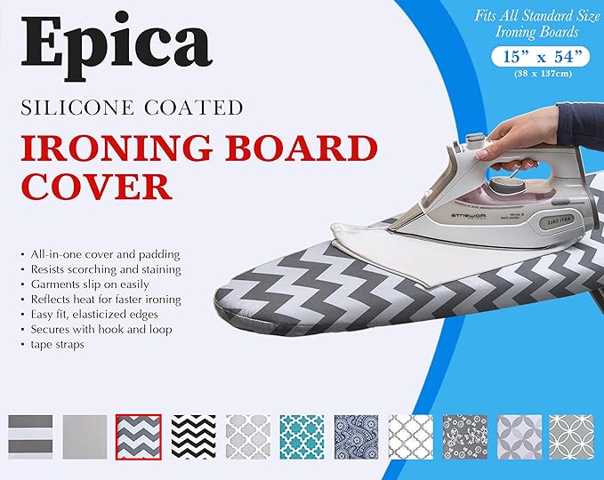 Epica Ironing Board Cover and Pad - Standard Size 15x54 Padded Ironing Board Covers, Heat Reflective Coating, Thick Pads, Scorch & Stain Resistant Iron Board Cover with Padding Grey Chevron