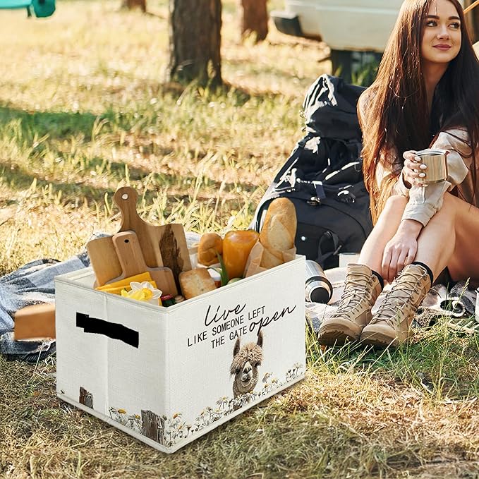 Rustic Alpaca Storage Bins & Boxes with Handles, Farmhouse Alpaca Foldable Basket for Organizing, Live Like Someone Left the Gate Open Collapsible Storage Basket for Bedroom Bathroom Clothes