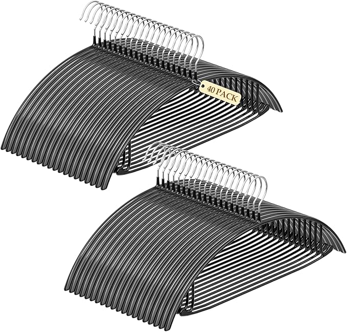 Heavy Duty Metal Suit Hangers 40 Pack, Non-Slip PVC Coating, No Shoulder Bumps, Space Saving Clothes Hangers for Sweaters, Coat, Shirts, Skirt, Jackets, Black