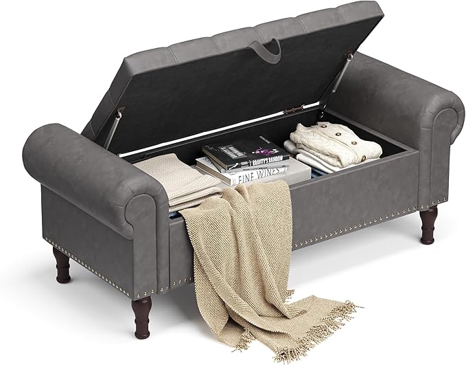 YOUDENOVA Storage Ottoman Bench, 51" Large Ottoman Foot Rest with Rolled Arms, Upholstered Storage Chest with Vintage Rivets for Living Room, Bedroom, Entryway, Gray