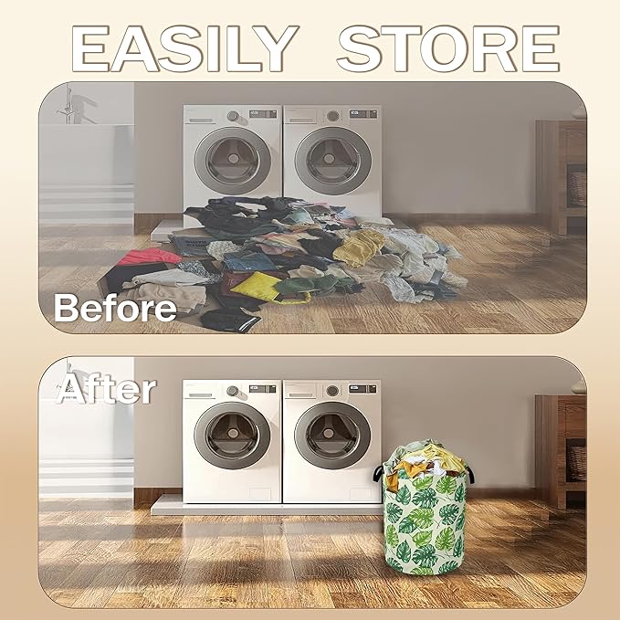 Collapsible Laundry Basket,Tropical Palm Leaves Dirty Clothes Hamper,Green Leaf Hampers for Bedroom Waterproof Oxford Cloth Storage Organizer for Bathroom,Nursery,Dorm,16x20 Inch