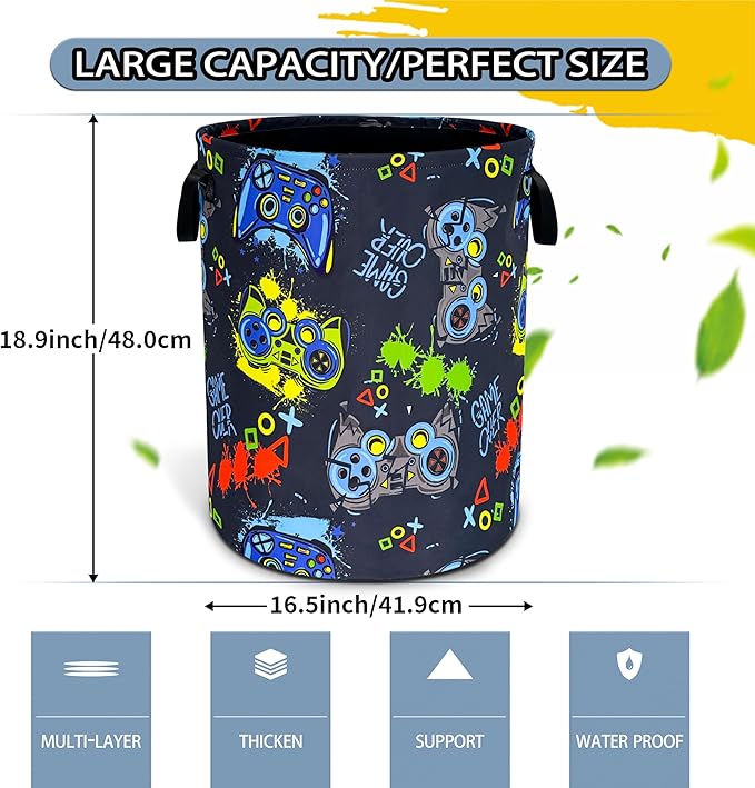 Game Laundry Basket Gamer Game Controller Foldable Waterproof Oxford Cloth Funny Tote Bag Laundry Hamper Clothes Storage Bucket Toy Organizer For Bathroom/Laundry Storage/Bedroom 18.9x16.5 Inch