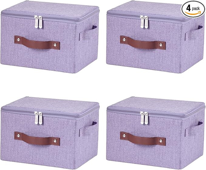 4 Pack Storage Bins with Zipper Lid Cotton Linen Fabric Lidded Storage Baskets Boxes Foldable Washable Closet Shelf Clothes Organizer Container with PU Leather Handles (Purple, Small)
