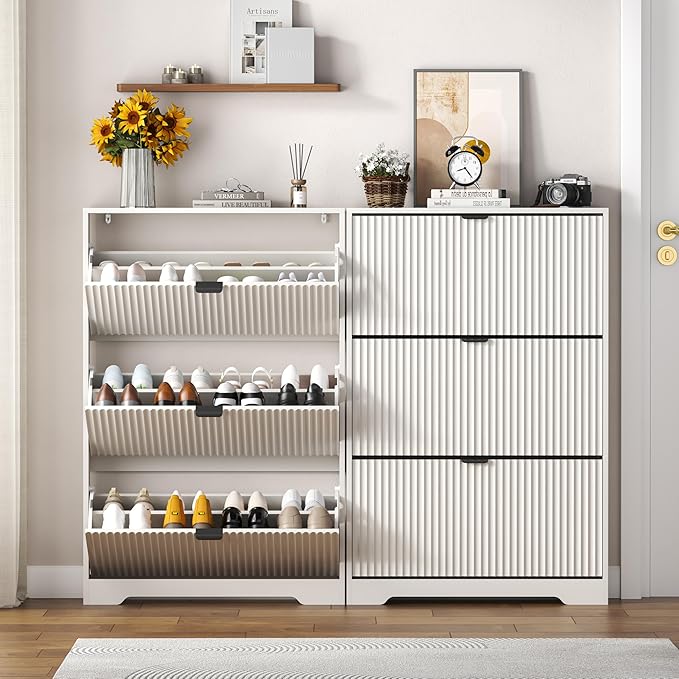 Shoe Cabinet Storage for Entryway with 3 Flip Drawers, White Fluted Shoe Cabinet with Adjustable Shelves, Wooden Hidden Shoe Rack Freestanding Narrow Slim Shoes Storage for Hallway, Entrance