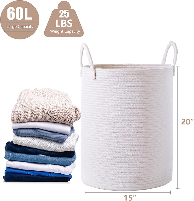 60L Pure White Woven Hamper Laundry Basket Cotton Rope Blanket Basket for Living Room 15Dx20H inches Tall Clothes Hamper for Baby Nursery Kids in Bedroom