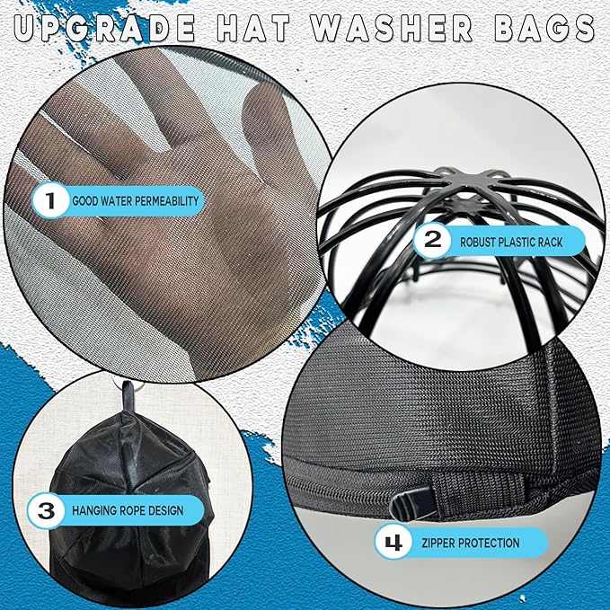Hat Washer for Washing Machine, Cap Washer with Mesh Bags, Hat Washer for Baseball Caps, Hat Cleaner/Cleaning Protector (Black - 2 Pack)