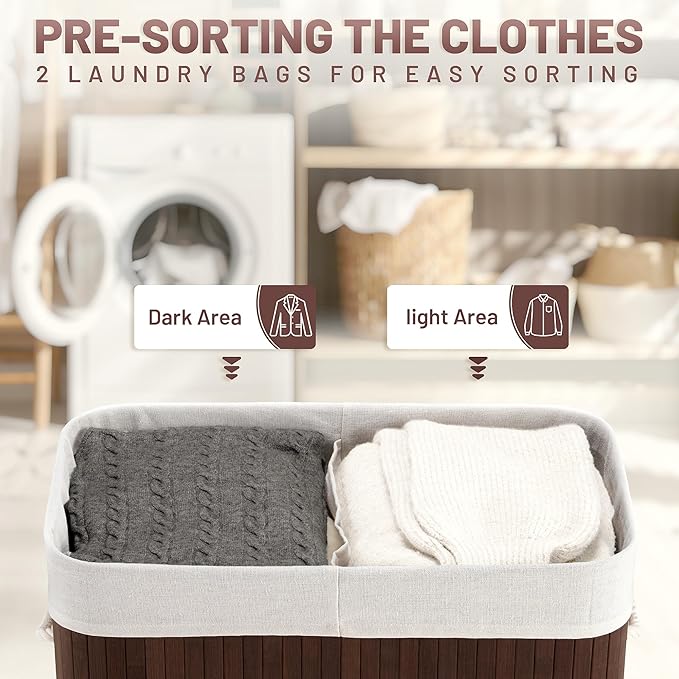 100L Laundry Hamper with lid, 2-Section Clothes Laundry Basket with Handles, Large Collapsible Bamboo Baskets for Bedroom, Bathroom, Dorm, Brown