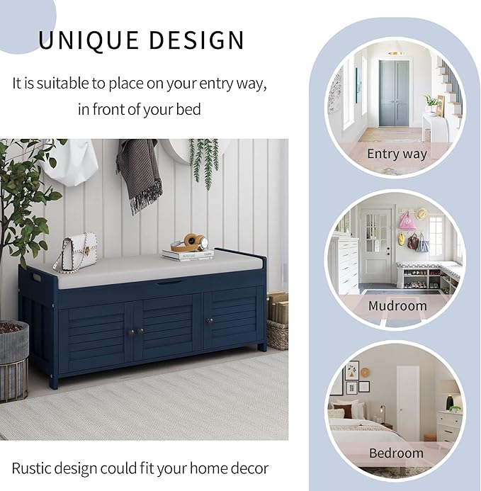 SOFTSEA Upholstered Storage Bench, Entryway Shoe Bench with Removable Cushion and Hidden Storage, Wooden Storage Ottoman with 3 Shutter-Shaped Doors for Entryway, Living Room, Bedroom, Blue
