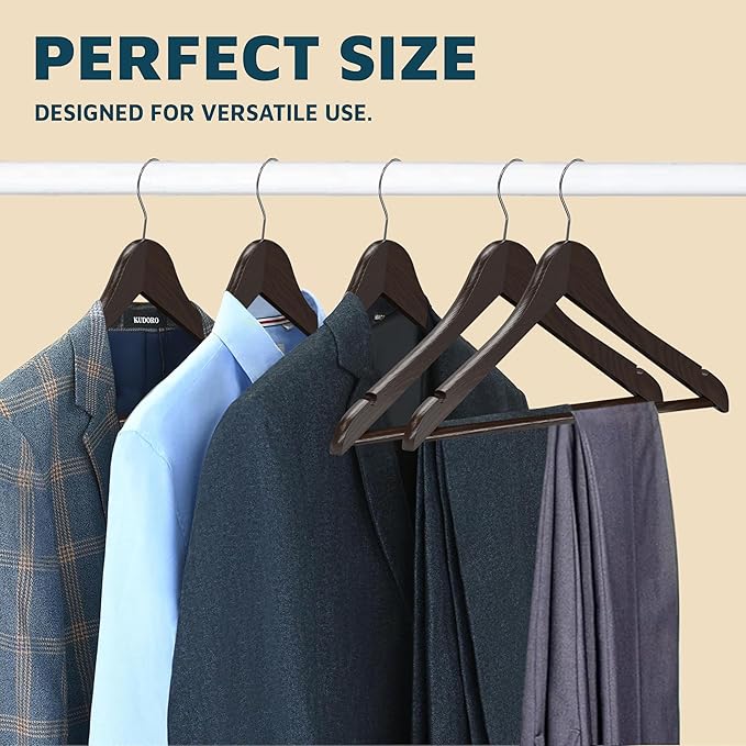 Lifemaster Wooden Clothes Hangers – with 360 Degree Swivel Hook and Non-Slip Shoulder Notch, Holds Up to 10 lbs, Pants Bar Design, for Organizing Suit, Dress, Coat, and Clothes, Pack of 20, Brown