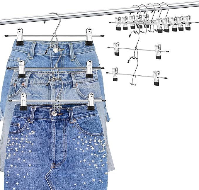 Pants Hangers with Clips, 10 Pack Stackable Skirts Hanger Space Saving, Hanging Closet Organizer and Storage for College Dorm Apartment