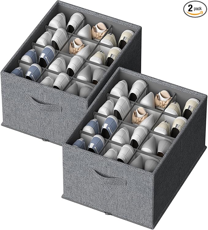 FHSQX 2 Pack Shoe Organizer for Closet,Foldable Shoe Organizer,Fits up to 24 Pairs,Storage Containers With Bottom Support for Shoes