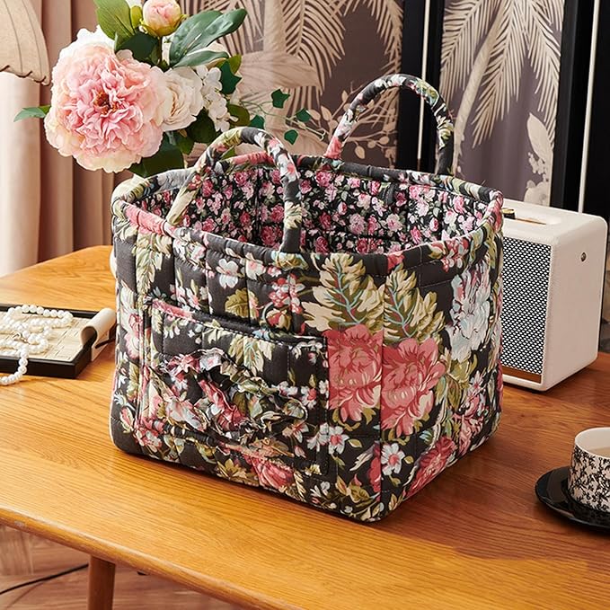 Quilted Fabric Basket Car Storage Basket Boho Floral Laundry Hamper for Nursery Bedroom & Living Room | Organize Clothes Toys
