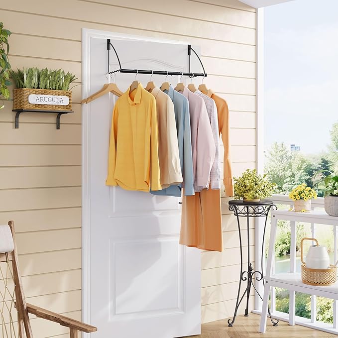 Tajsoon Over The Door Hanger Expandable & Adjustable, Over Door Clothes Hanger Rack for Towel & Coat, Bathroom Over Door Clothes Rack Hooks for Bedroom, Washroom, Fits Doors up to 1¾”, Metal, Black
