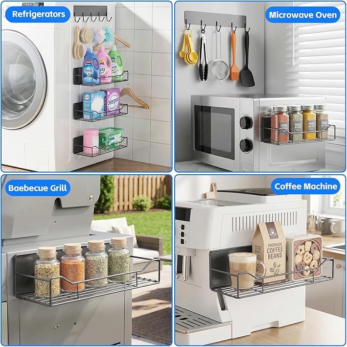 Magnetic Laundry Shelf Organizer, 5 Pack Magnetic Shelves for Washing Machine with Hooks, Heavy Duty Magnetic Storage Rack for Washer, Dryer, Refrigerator, Kitchen, Pantry & Laundry (Grey)