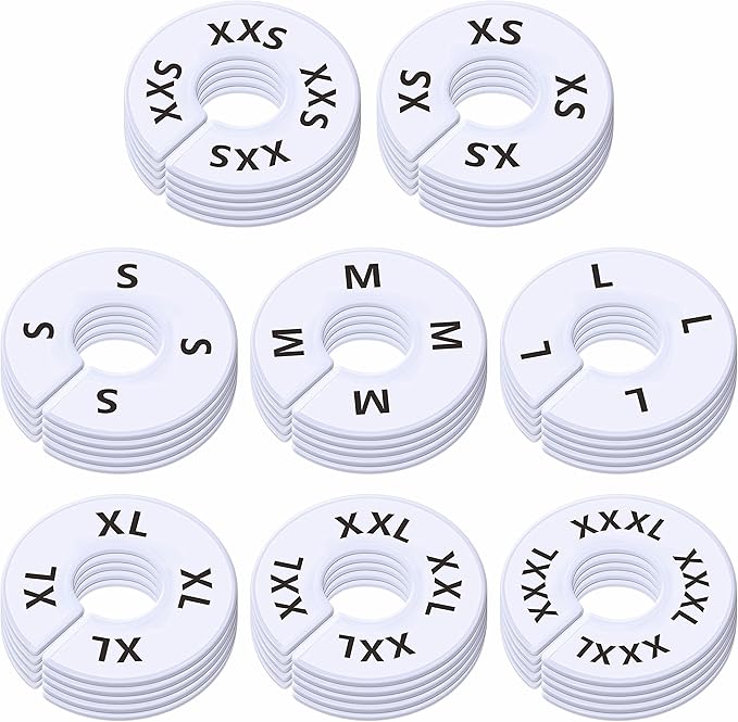 40 Pack Round White Plastic Clothing Size Closet Rack Dividers Hangers, Preprinted in 8 Sizes XXS, XS, S, M, L, XL, XXL, XXXL (Outer 3.5”, Inner Diameter 1.38”)