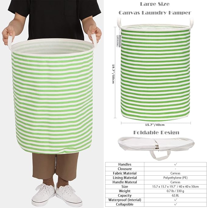 Sea Team 19.7 Inches Large Sized Waterproof Coating Ramie Cotton Fabric Folding Laundry Hamper Bucket Cylindric Burlap Canvas Storage Basket (19.7", Green & White Stripe)