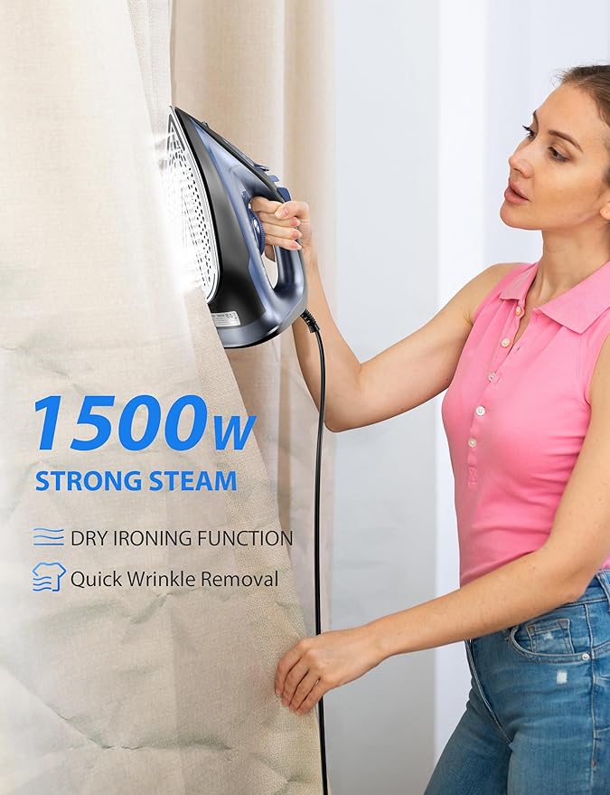 1500-Watt Steam Iron with Ceramic-Coated Soleplate and Burst Steam, 3-Way Auto-Off, Temperature Settings for Variable Fabric