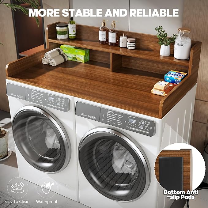 2-Tier Washer and Dryer Countertop with 2.75" H Guard,54" W x 27.5" D Laundry Countertop Cover with Non-Slip Pad,Large Space Laundry Topper for Folding Clothes Over Washer and Dryer-Brown