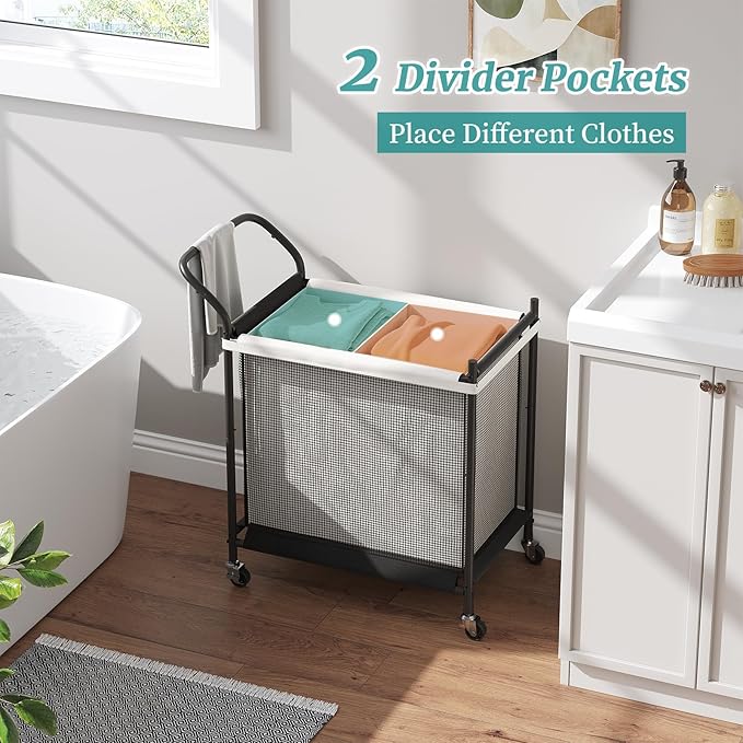 Laundry Hamper with Wheels - 2 Section Laundry Basket 120L, Removable Washable Bags, Height-Fitted Rolling Laundry Cart for Laundry Room & Bedroom