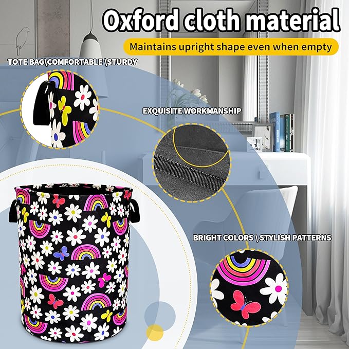 Cute Daisy Rainbow Laundry Basket Butterfly Cartoon Foldable Oxford Cloth Funny Tote Bag Laundry Hamper Clothes Storage Bucket Toy Organizer For Bathroom/Laundry/Bedroom 18.9x16.5 In