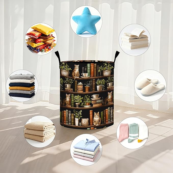 Wooden Bookshelf Cat Laundry Basket Storage Bin Foldable Laundry Hamper Clothes Storage Bucket Organizer 19.6x15.7 Inch For Laundry Room/Bedroom/Bathroom