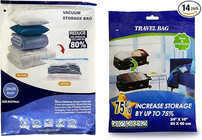 14 Combo Pack Vacuum Storage Bags (10 Medium Size 28"X20" and 4 Travel Bags Size 24"X16") for Storage Organization
