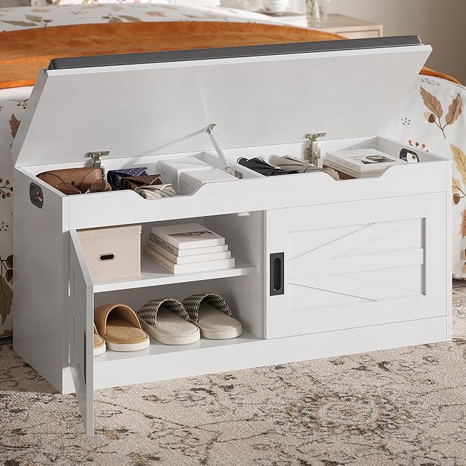 IRONCK Shoe Bench with Lift Top Storage, 42.4" Entryway Bench with Wider Cushioned Seat, End of Bed Bench with Adjustable Shelf & 2 Doors for Hallway, Bedroom, White