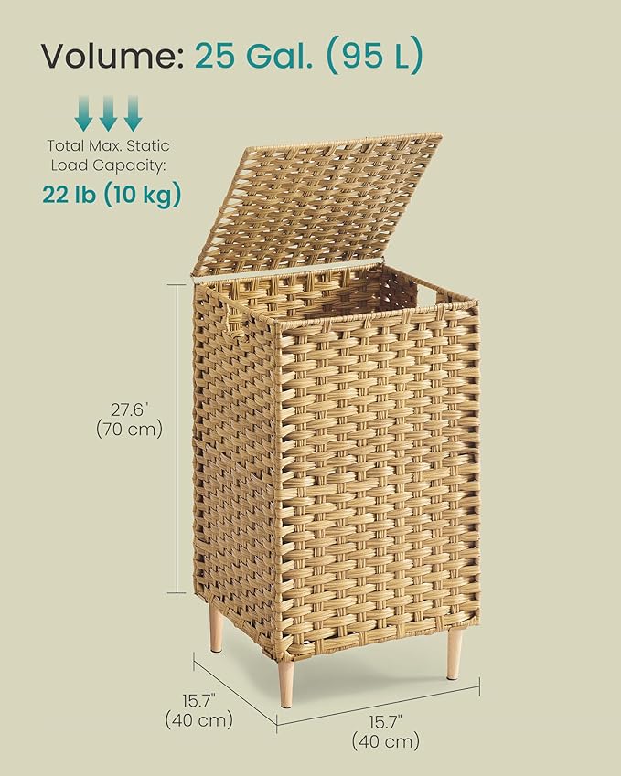 SONGMICS Laundry Hamper with Lid, 25 Gal. (95 L) PE Rattan Laundry Basket with Lid and Handles, Natural Material,Removable Machine Washable Liner, Goose Yellow ULCB221YE01
