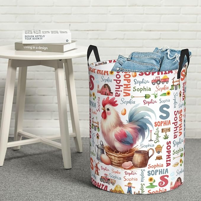 Personalized Farm Chicken Laundry Basket For Baby Kids Boys Girls Adult Custom Hamper Basket With Name For Bathroom Bedrooms Collapsible Baby Laundry Basket, Dirty Clothes Hamper With Handles