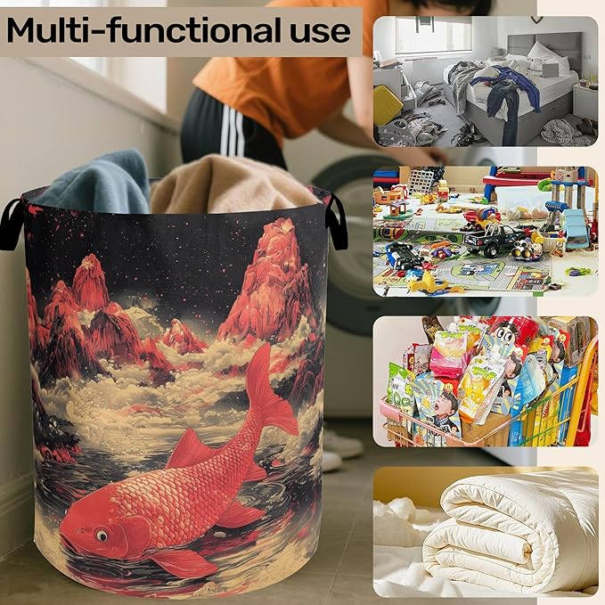 Japanese Style Red Fish Laundry Basket - Heavy Duty 60L Dirty Clothes Organizer, Water Resistant Foldable Hamper for Men Women