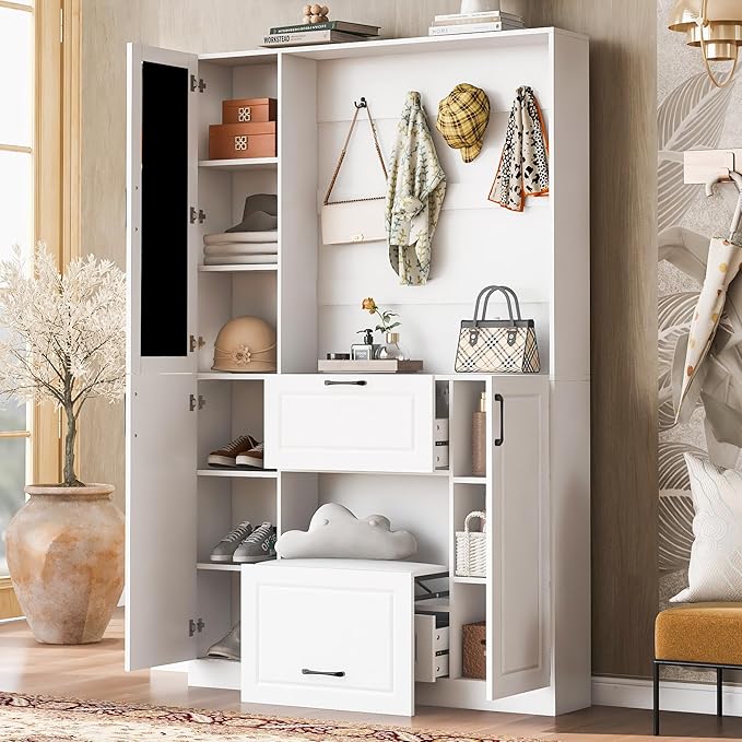 51.1''W Hall Tree with Integrated Shoe Cabinet and Mirrored Cabinet Door, 4-in-1 Design Entryway Coat Hanger with Foldable Seat, 4 Hooks and 2 Drawers for Entrance Living Room