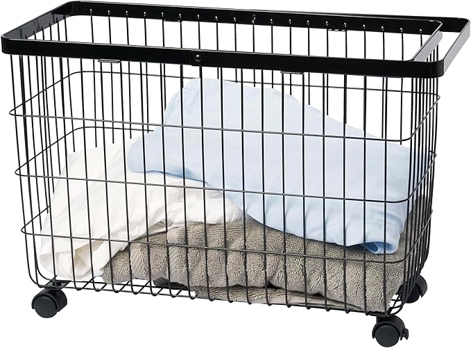 Yamazaki Home Tower Small Rolling Laundry Basket Metal Hamper Cart With Wheels And Handle, 14.8" - Steel - 9.8 Gallons, 35 Liters
