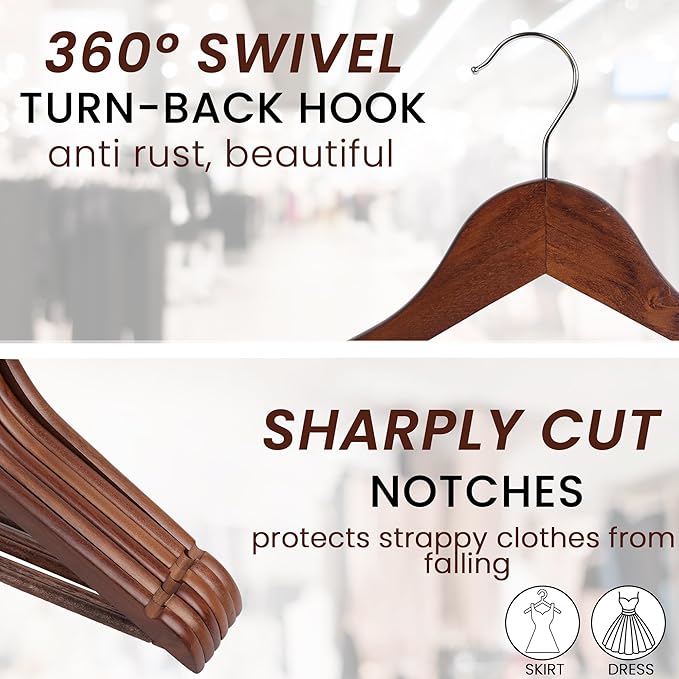 Wooden Hangers Premium Natural Wood Hanger Well Polished Ergonomic Design & Sharply Cut Notches with Swivel Hook (Brown, Pack of 30)