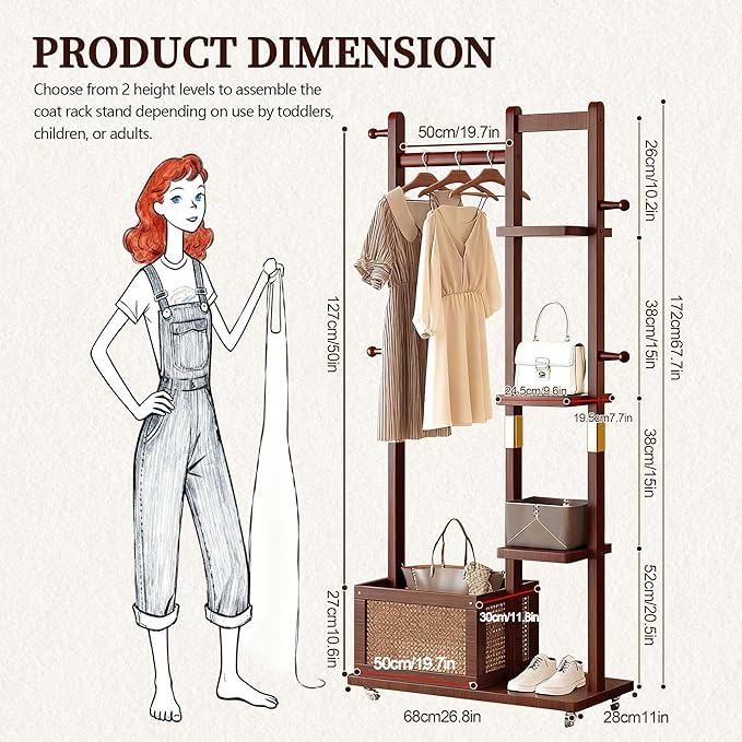 Solid Wood Clothes Rack with Wheels - 4 Shelves, 4 Hooks, Storage Basket for Hanging Garment Wallets Hats, Coat Rack Freestanding, Clothing Rack Heavy Duty Hall Tree for Living Room Hallway