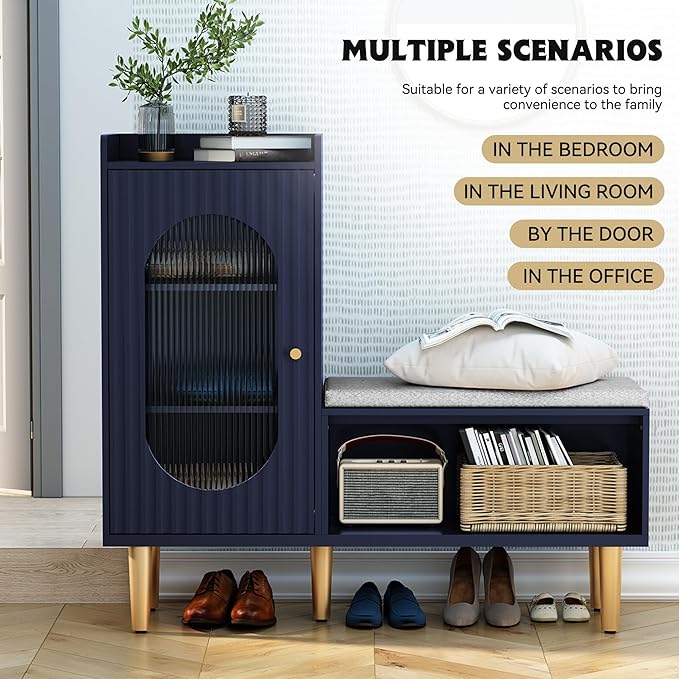 HLR Storage Bench with Glass Door&Shelf, Modern Entryway Shoe Cabinet Bench with Padded Seat, Blue L-Shaped Storage Cabinet for Hallway, Bedroom, Living Room, Office