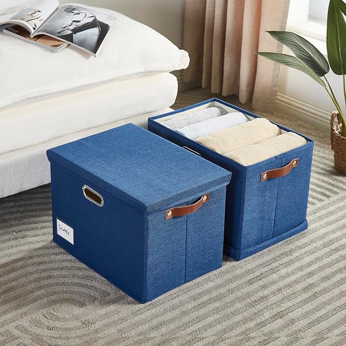 15" Large Collapsible Storage Bins with Lids, Stackable Closet Organizers with PU Handle and Labels, 3-Pack Decorative Fabric Storage Boxes for Home, Bedroom, Closet, Office, Nursery(Navy Blue)