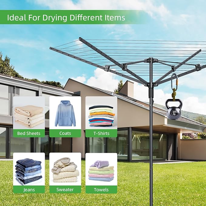 Outdoor Umbrella Clothes Drying Rack, 165 Feet Drying Space, 4 Arms 12 Lines, Steel Frame with Ground Spike, Rotary Clothesline for Backyard