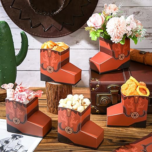 24 Pcs Cowboy Boots Paper Boxes Western Theme Party Decorations Favors Wild West Popcorn Boxes Boot Shape Bag for Cowboy Birthday Bachelorette Baby Shower Party Supplies(Brown)