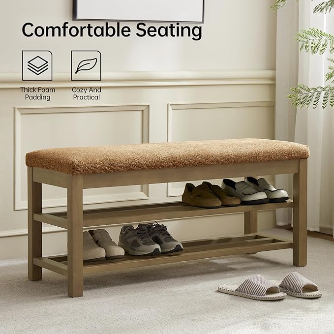 VKNOW Entryway Bench, 44.3” Upholstered Shoe Bench for Bedroom, 2-Tier Storage End of Bed Bench with Rubberwood Legs for Living Room, Hallway, Orange