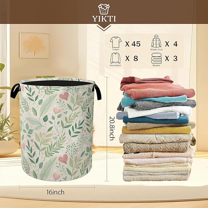 Spring Green Leaves Laundry Hamper,Rustic Wildflower Herb Clothes Hamper for Laundry,Waterproof Oxford Toy Storage Collapsible Hampers for Bedroom, Dorm Room,Bathroom,16x20 Inch