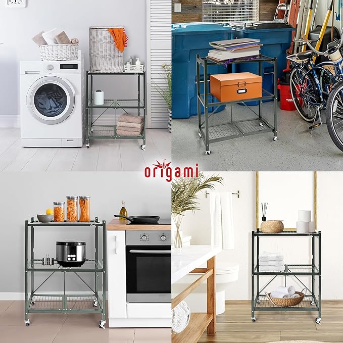 Origami 6-Pack 3-Tier Foldable Storage Shelves, Garage Shelf Rack Unit with Wheels, Pewter