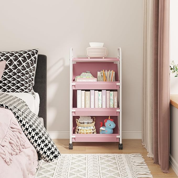 Buzowruil Utility Rolling Fabric Storage Rack Trolley Toy Cart Trolley with 3 Large Storage Boxes,Wheels, Suitable for Bedroom, Living Room, Entryway, Pink