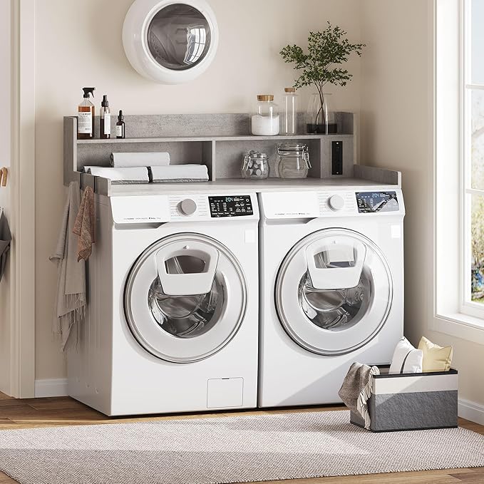 Upgraded 2-Tier Washer and Dryer Countertop with Power Outlet,54" W x 27.6" D Large Laundry Countertop for Fold Clothes, Laundry Topper with Non-Slip Pads & Metal Hooks and Storage Basket