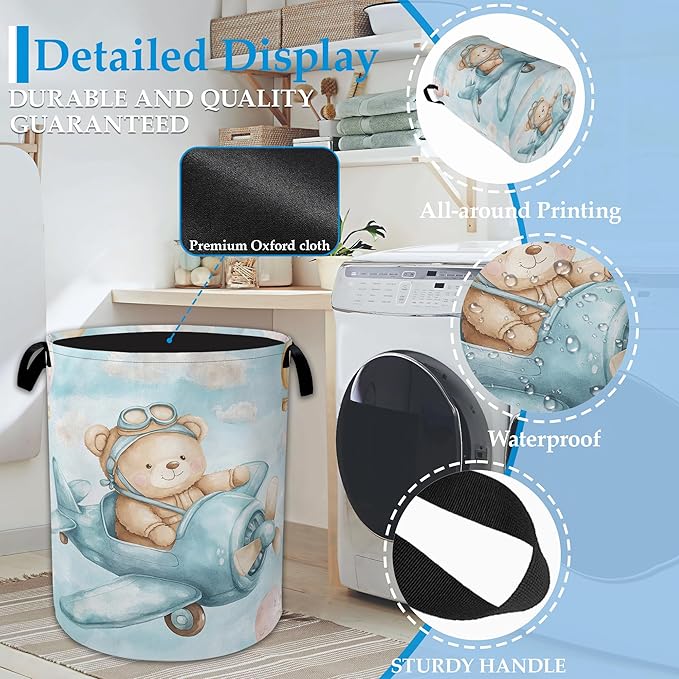 Blue Bear Pilot Laundry Hamper Balloon Collapsible Laundry Basket Portable Clothes Toy Storage Bin for Bathroom Bedroom Room Decor 16 X 20.8 Inch