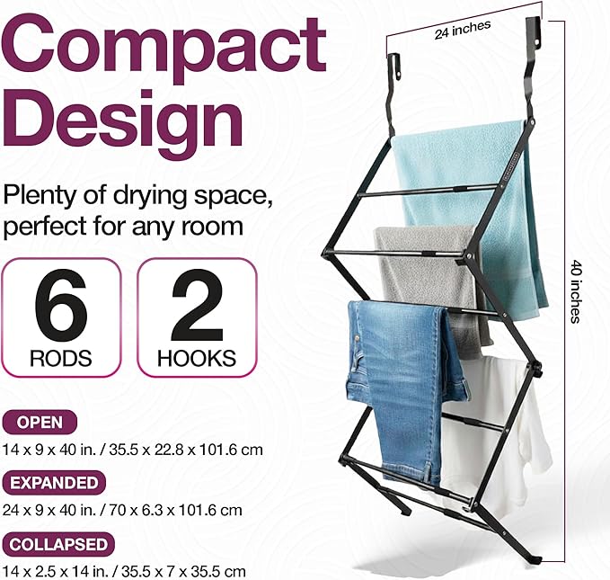 BLACK+DECKER Over The Door Expandable Telescopic Drying Rack, Clothes Organizer, Towel Hanger, Laundry, Collapsible, Black