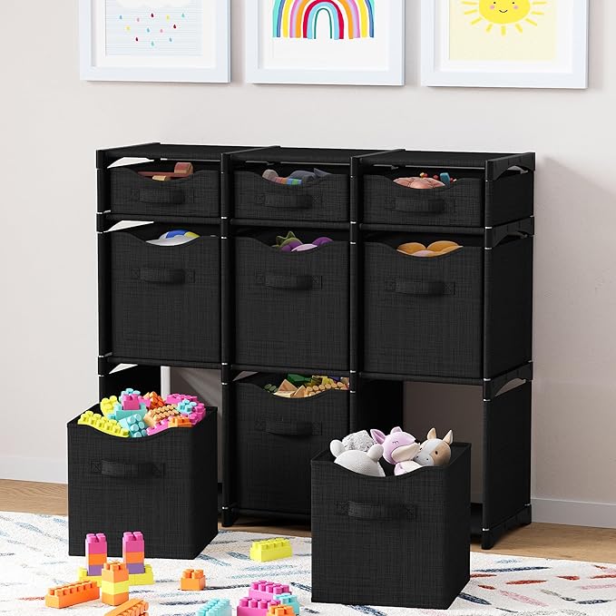 9 Cube Storage Organizer With Bins Included - Closet Storage With 9 Storage Bins - Easy To Assemble Storage Unit With Drawers - Closet Organization For Clothes, Bedroom, Nursery, & Toys (Black)