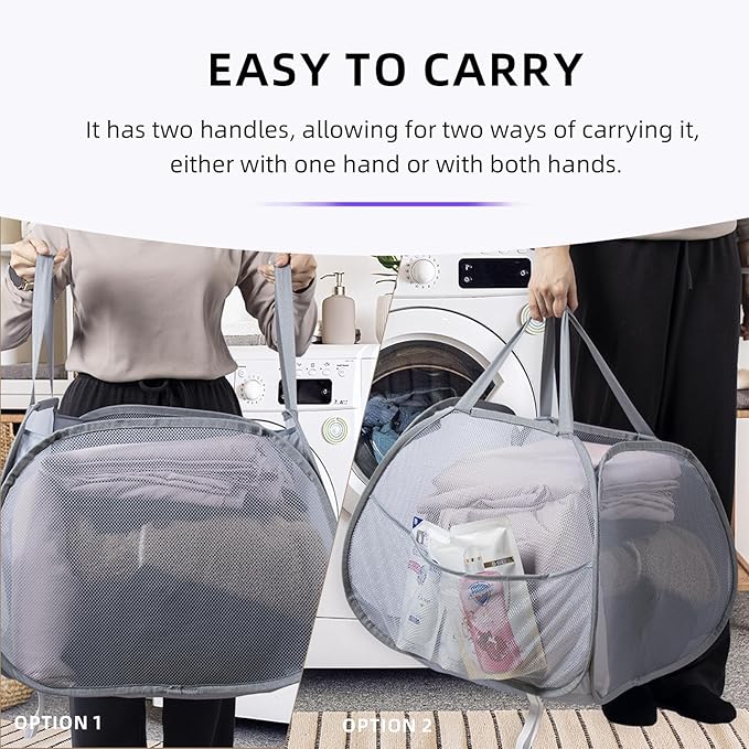 Collapsible Laundry Basket 90L, Foldable Mesh Pop-up Laundry Hamper with Handles, Dirty Clothes Hamper for Laundry with Side Storage Pocket(Gray, 2PCS)