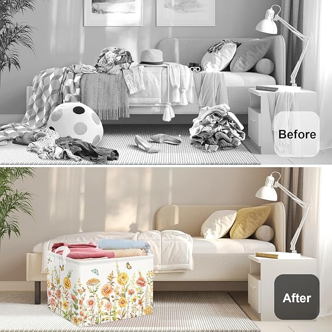Colourful Flowers Laundry Hamper Large Storage Basket Floral Collapsible Adult Organizer Kids Toy Clothes Bins for Bedroom, Bathroom, Boho Plants, 36L