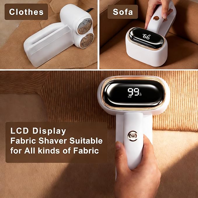 Fabric Shaver Lint Removers Rechargeable Sweater Shaver with Dual Head & LCD Display for Clothes Couch Pilling Furniture, 6-Leaf Blades Defuzzer, White, 1 Piece.